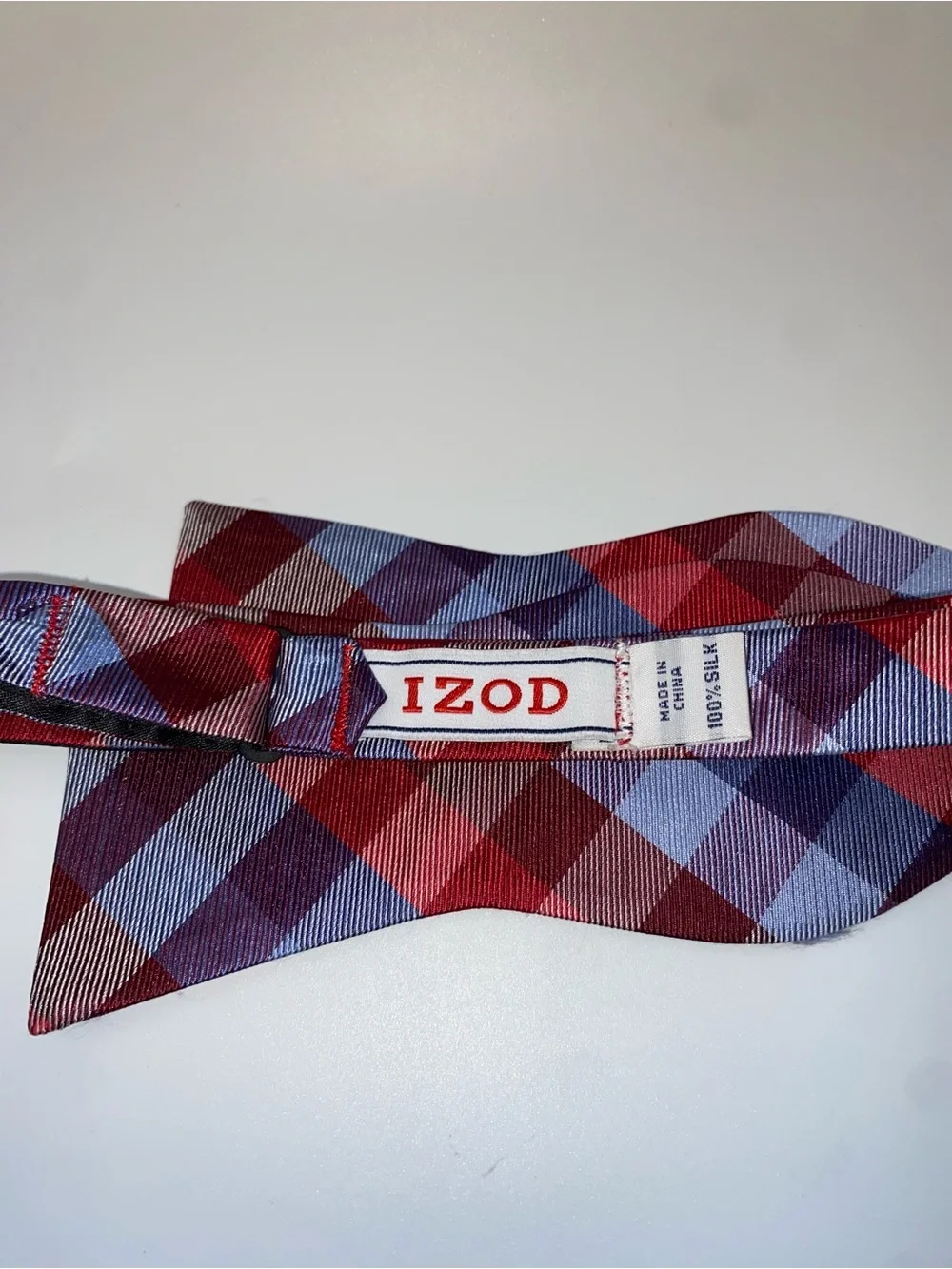 Mens Izod Bow Tie 100% Silk Red Blue Plaid Self-Tie